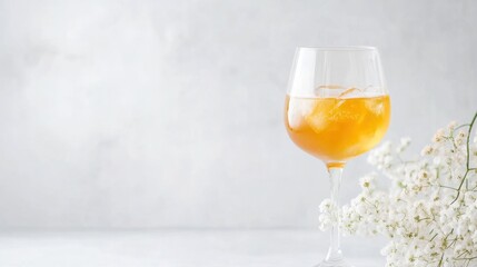 A glass of refreshing orange drink with ice, accompanied by delicate white flowers, set against a soft gray background.