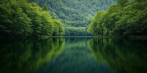 Obraz premium Serene lake mirroring lush green forest, tranquil nature scene