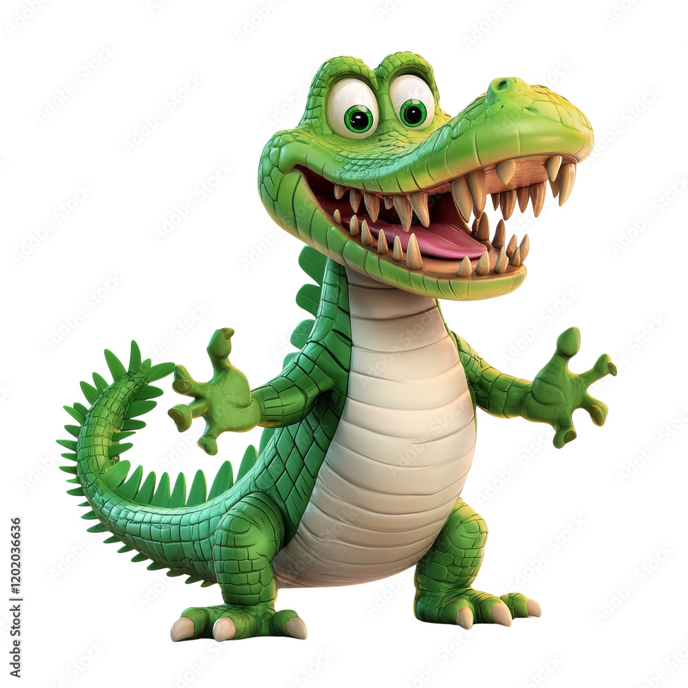 Poster a digitally rendered 3d model of a happy cartoon crocodile with bright green skin and a wide open sm