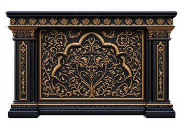 Ornate Black And Gold Cabinet With Intricate Floral Design