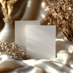 Elegant Mockup: Blank Cards with Dried Flowers and Soft Natural Light