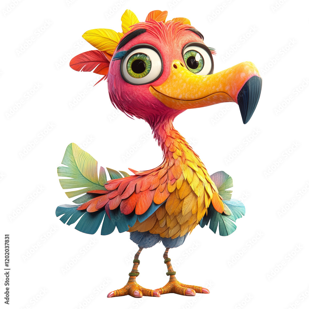 Aufkleber This image shows a digitally rendered cartoon bird with brightly colored feathers and a cheerful expression.