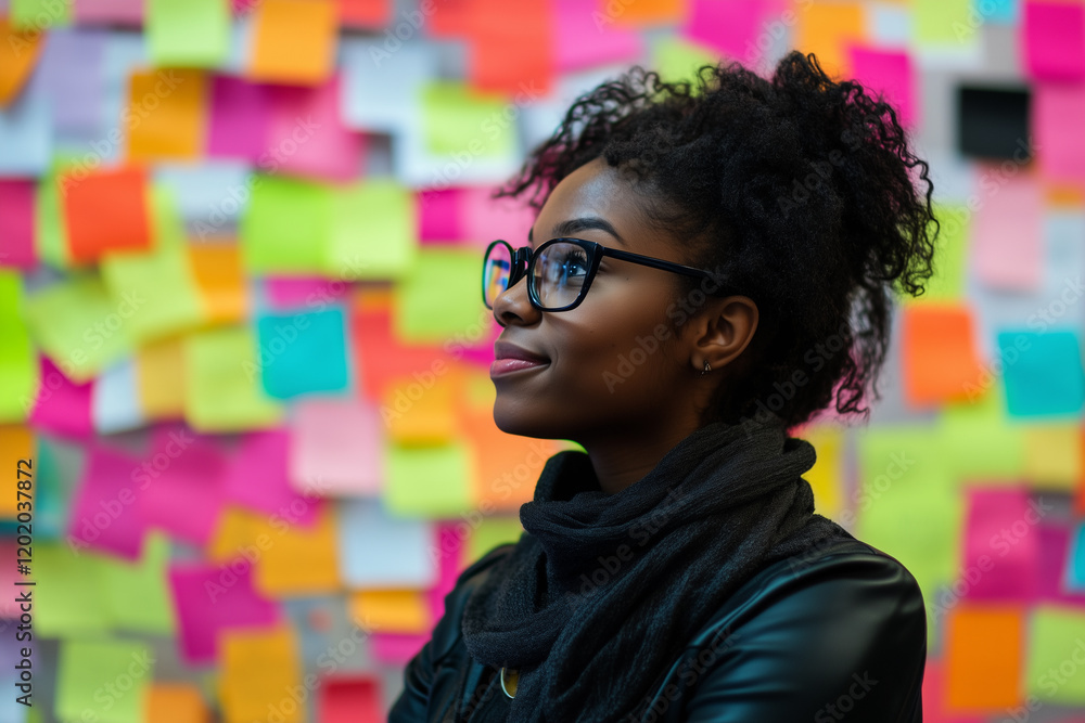 Poster graduate brainstorming innovative project ideas with colorful sticky notes in a creative workspace e