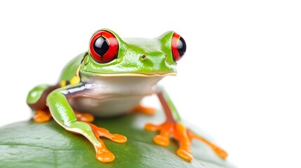 Fototapeta premium Bright Green Tree Frog Perched on a Leaf with Clean White Background
