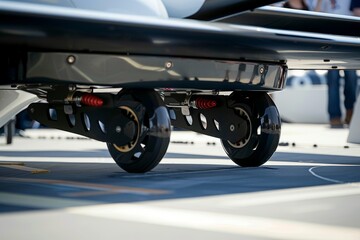 Close-up of landing gear on a futuristic aircraft, showcasing its design and engineering features.
