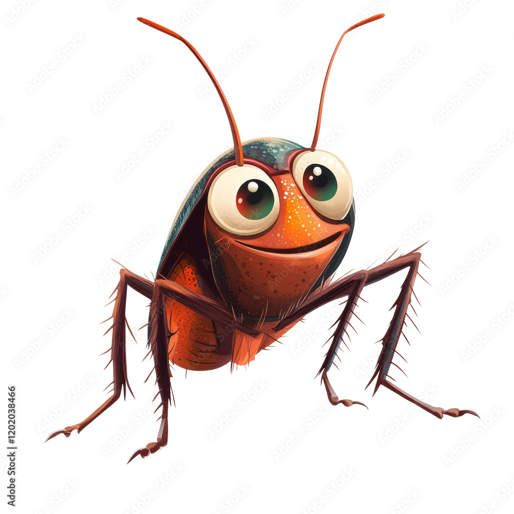 Aufkleber This image shows a happy cartoon rendering of a cockroach with exaggerated features like large eyes and a friendly smile.