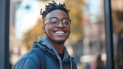 Young man joyfully celebrating his first paycheck in a vibrant city setting during a sunny day