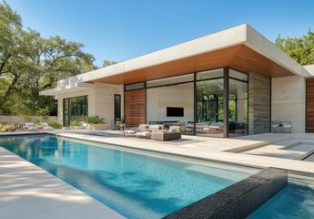Fototapeta premium Modern Luxury Home Design with Inviting Pool and Spacious Patio in Serene Natural Environment Under Clear Blue Sky