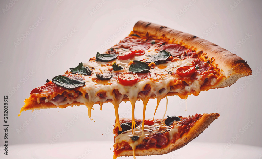 Poster A slice of pizza with cheese and toppings is being pulled apart. Concept of indulgence and enjoyment, as the pizza is being shared and savored