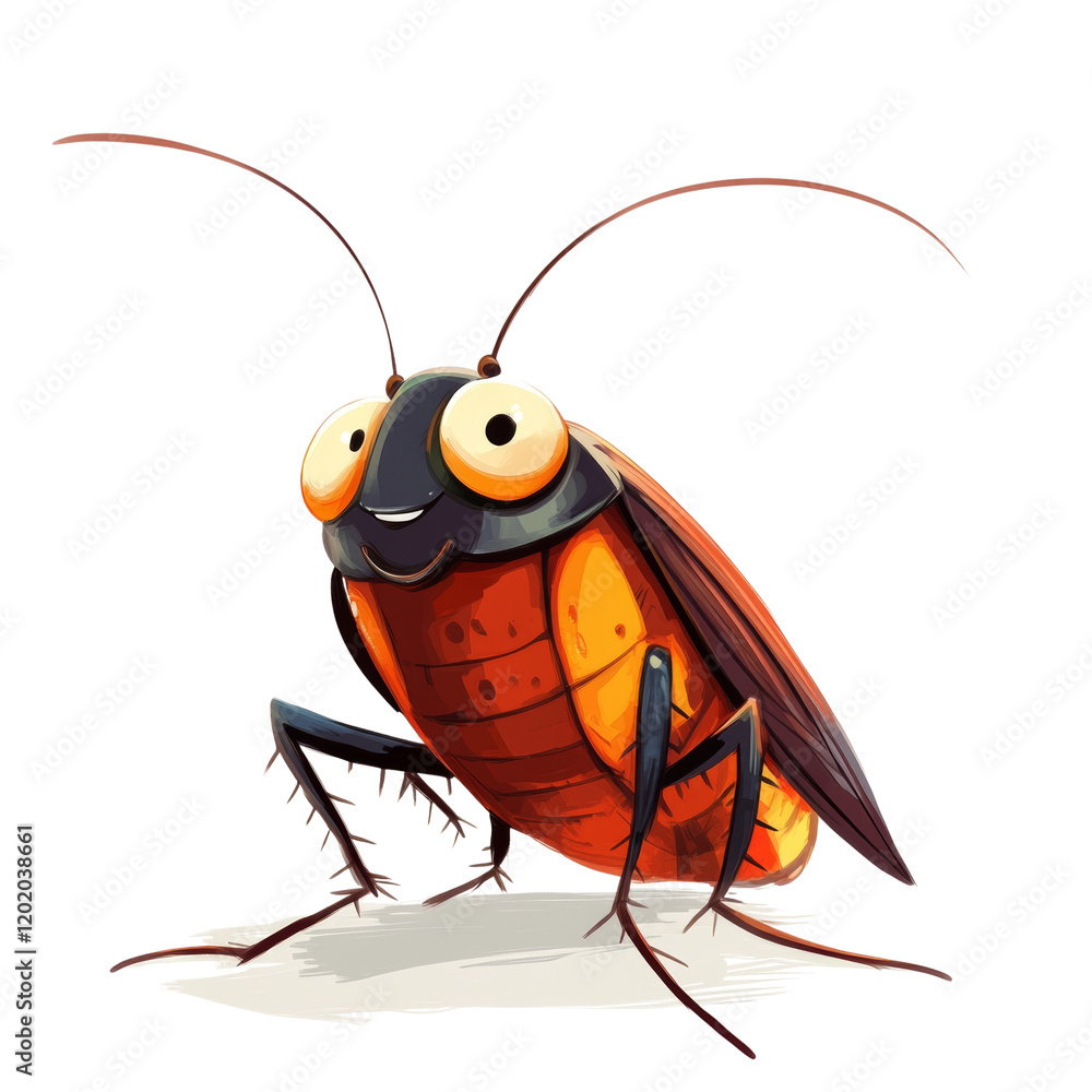 Poster this image is a digital illustration of a friendly cartoon cockroach with large expressive eyes and 