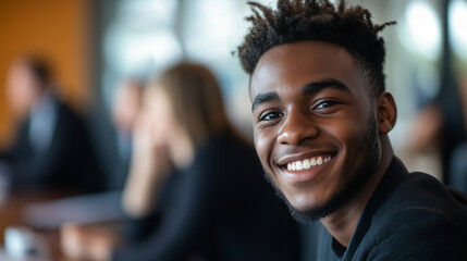 Fototapeta premium Young man smiling confidently after completing a successful presentation during a business meeting in a modern office environment