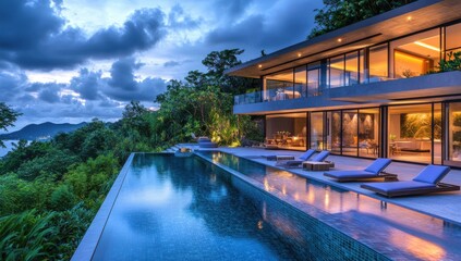 Fototapeta premium Modern Luxury Villa with Infinity Pool and Scenic Views Surrounded by Lush Greenery at Dusk in a Serene Tropical Paradise