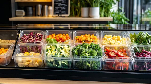 A variety of colorful vegetables and fruits in clear plastic containers, arranged neatly on an open display case at the entrance to a healthy fast food restaurant.