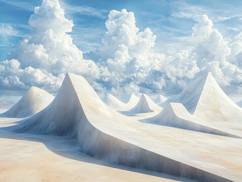 Surreal white desert landscape with sharp geometric dunes under a cloudy blue sky. Ideal for album covers, posters, or abstract backgrounds.