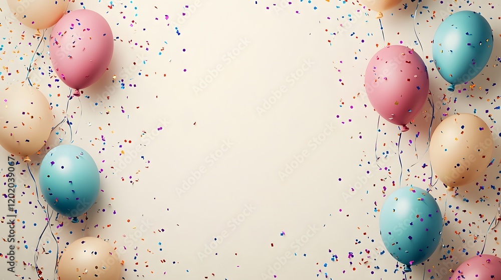 Poster beautifully designed minimal pastel birthday card featuring delicate confetti and floating balloons 
