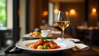 A luxury travel concept highlighting fine dining in an elegant, exclusive restaurant, featuring exquisite cuisine, impeccable service, and a sophisticated ambiance