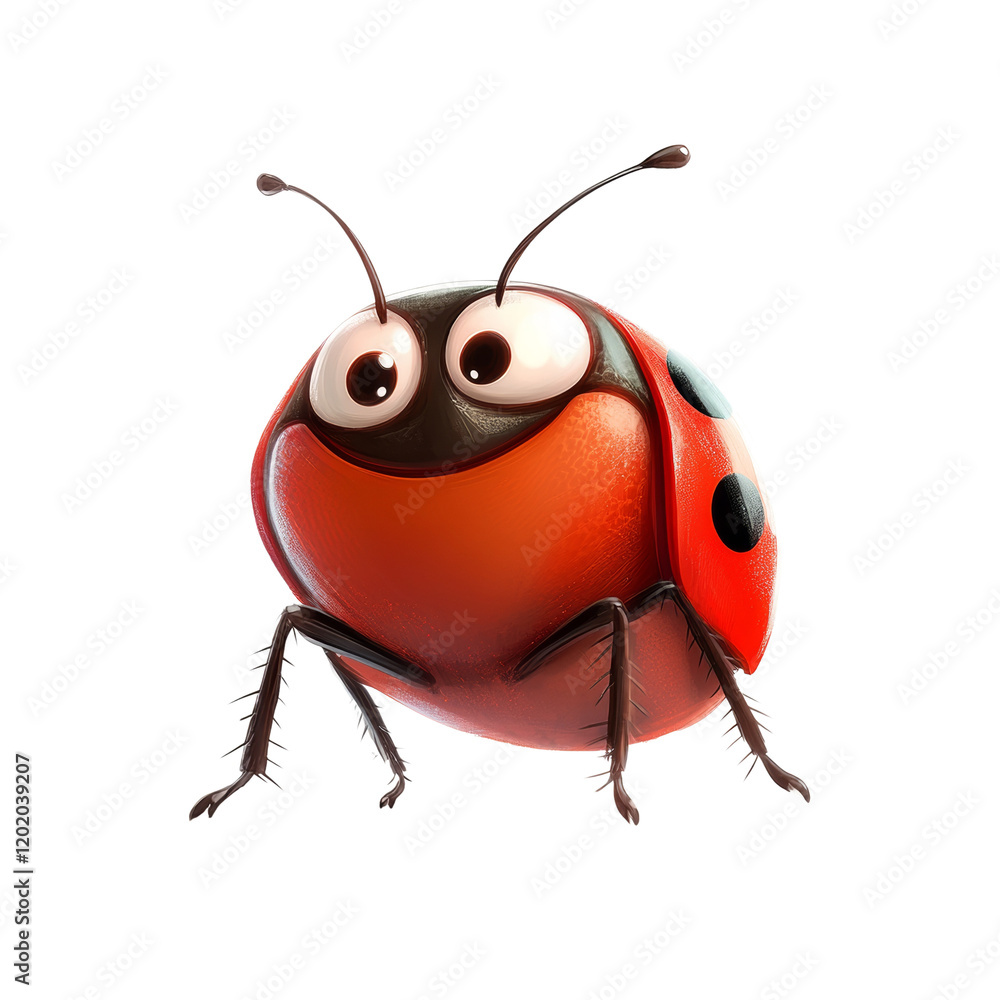 Poster the image showcases a charming cartoon ladybug with large expressive eyes, standing on a white backg