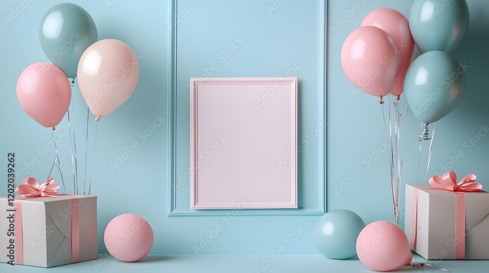 Poster beautifully designed soft pastel minimal birthday greeting card with floral patterns and a wide blan