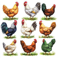 Charming illustration of various chicken breeds in vibrant colors and poses