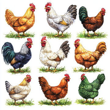 Charming illustration of various chicken breeds in vibrant colors and poses