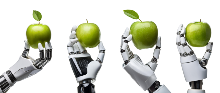 Robotic hands holding green apples, white isolated background. - Powered by Adobe