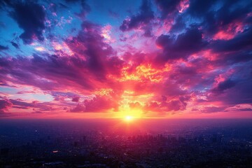 Fototapeta premium breathtaking panoramic sunset sky showcasing an array of vivid hues - blues, purples, oranges, reds, and yellows blending harmoniously, radiating peaceful and uplifting vibes