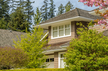 Top of grey stucco luxury house with shingle roof, red and yellow trees and nice windows in Spring...