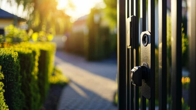 Black security gate with digital locks on a blurry background of a modern house, close-up view, the focus point is an electronic lock and keyhole on the metal fence in the front yard