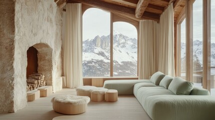 Fototapeta premium Minimalist living room with a mint green sofa, white walls, wooden flooring, and modern decor in soft neutral tones.