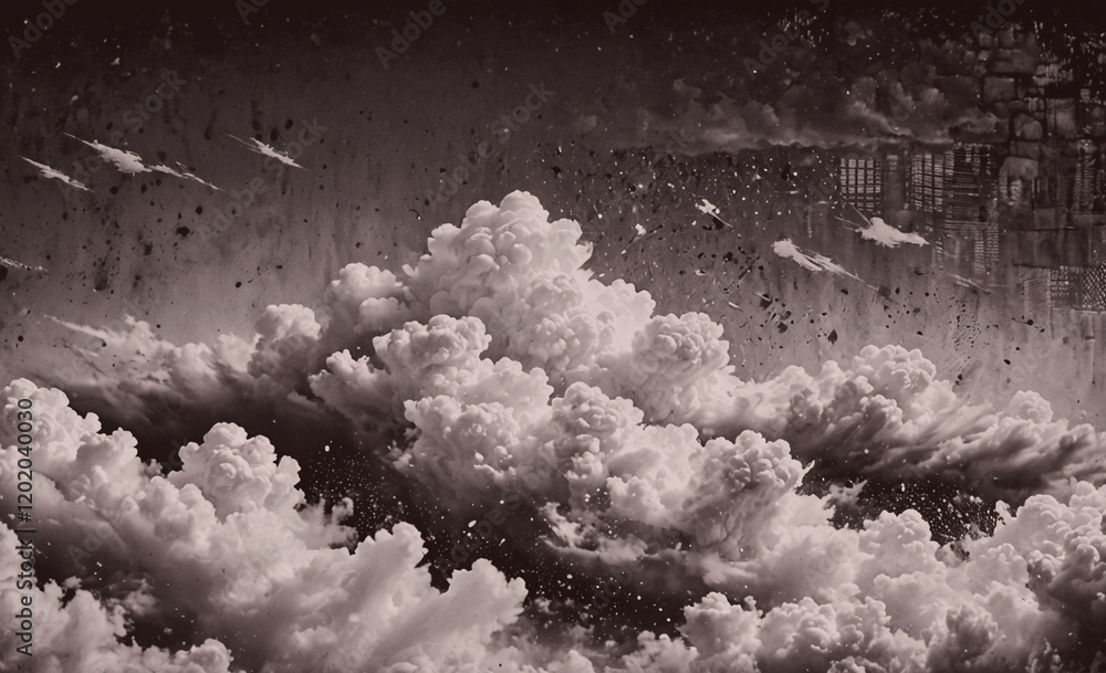 Poster a black and white photo of a cloudy sky with a city in the background. the clouds are dark and omino