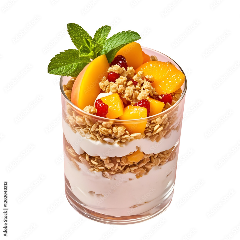 Wall mural Layered yogurt parfait, Glass cup, Fresh diced peaches, Crunchy granola, Creamy white yogurt,