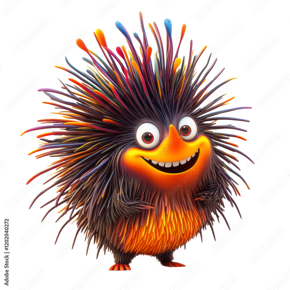Poster a digitally rendered image of a happy cartoon creature with a vibrant multicolored spiky fur coat.