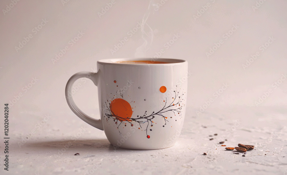 Poster a white coffee mug with orange and yellow splatters on it. the splatters are in the shape of a tree.