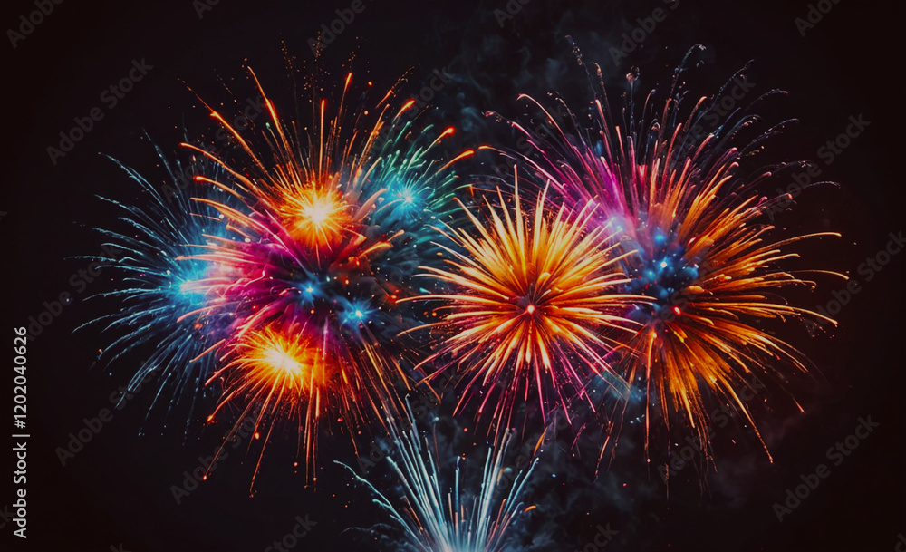 Poster Three fireworks are lit up in the sky, creating a colorful and festive atmosphere. The fireworks are arranged in a row, with the middle one being the tallest and the other two being smaller. The