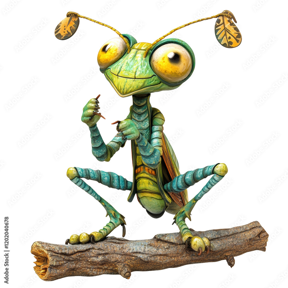 Poster a cheerful cartoon mantis sits on a weathered log branch against a plain white background. the image
