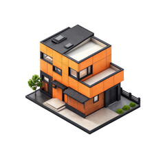 Modern Architectural Design: Isometric view of a stylish contemporary house with orange and black facade, featuring a flat roof, large windows, and a small garden.  