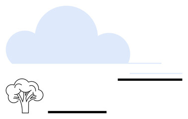 Simplistic design with a tree, a soft blue cloud, and horizontal black lines. Ideal for environmental themes, nature, modern design, minimalism, abstract landscapes, vector artwork conceptual