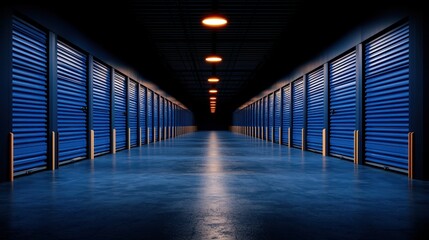 Long Aisle of Blue Storage Units with Soft Overhead Lighting in a Commercial Facility