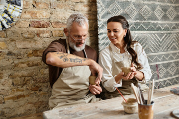 A mature couple enjoys quality time together in a pottery class, shaping clay with joy.