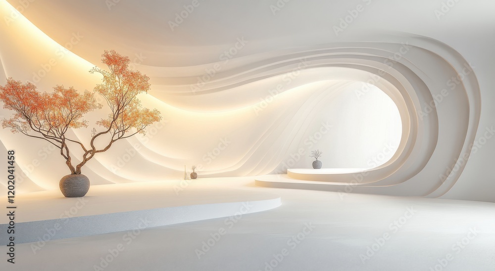 Poster modern minimalist interior design with soft curves, natural elements and subtle lighting in a contem