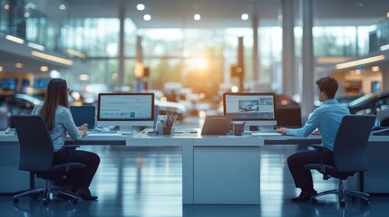 Showroom employees work at computers, cars in background; automotive sales