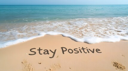 Peaceful Beach with Uplifting 'Stay Positive' Message in Sand