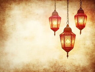 Obraz premium Three Ornate Red Lanterns Hanging Against Aged Parchment