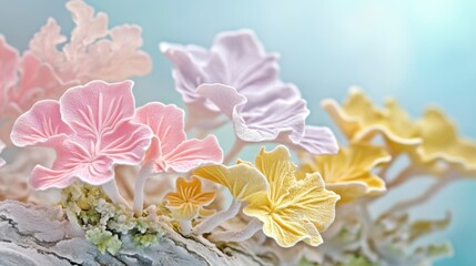 Dumpling Lichen lichen in pastel colors on light background, tender botanical wallpaper, cotton fabric texture, delicate aesthetic effect