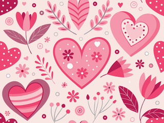 Valentine's Day pattern with hearts and flowers in a whimsical pink and red design