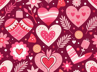 Valentine's Day pattern with hearts and flowers in a whimsical pink and red design