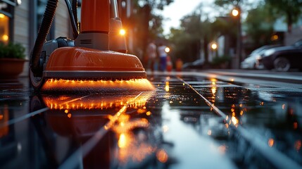 Street cleaning machine scrubbing wet sidewalk at dusk, blurred city background