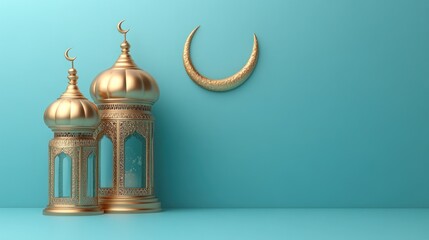 Obraz premium Golden Islamic lanterns and crescent moon on teal background.