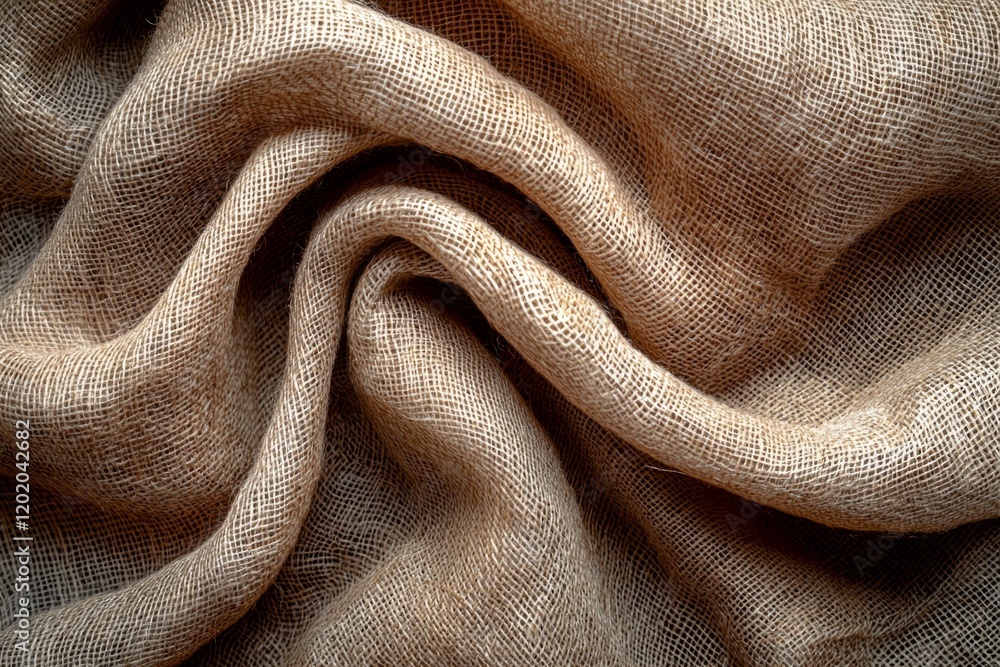 Poster rough burlap fabric displays natural beige tone coarse weave and uneven threads highlighting its rus