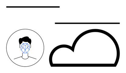 Human face with facial recognition grid connected to a cloud icon. Ideal for AI, biometrics, cybersecurity, cloud storage, identity verification, digital trends, abstract line flat metaphor